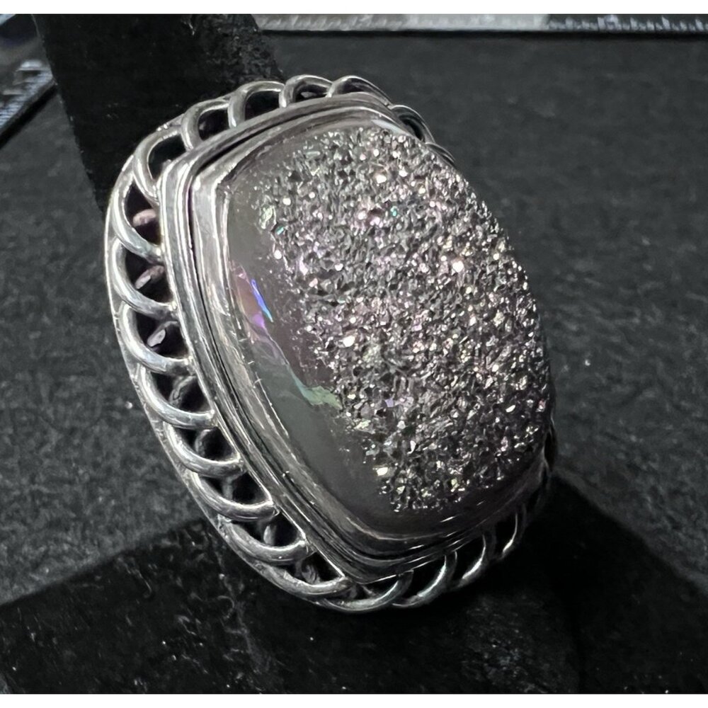 Vintage Sterling Silver Huge Rainbow Druzy Quartz Cocktail Ring Chunky Size 9